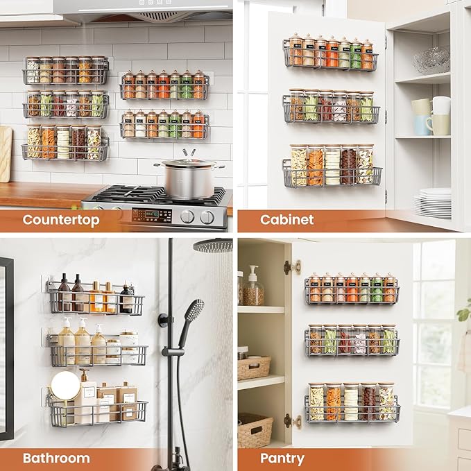 5 Pack Spice Rack Seasoning Organizer Wall Mount, Screw or Adhesive Hanging Shelf Basket Spice Organizer Shelf for Kitchen, Gray-CasaMuseHome