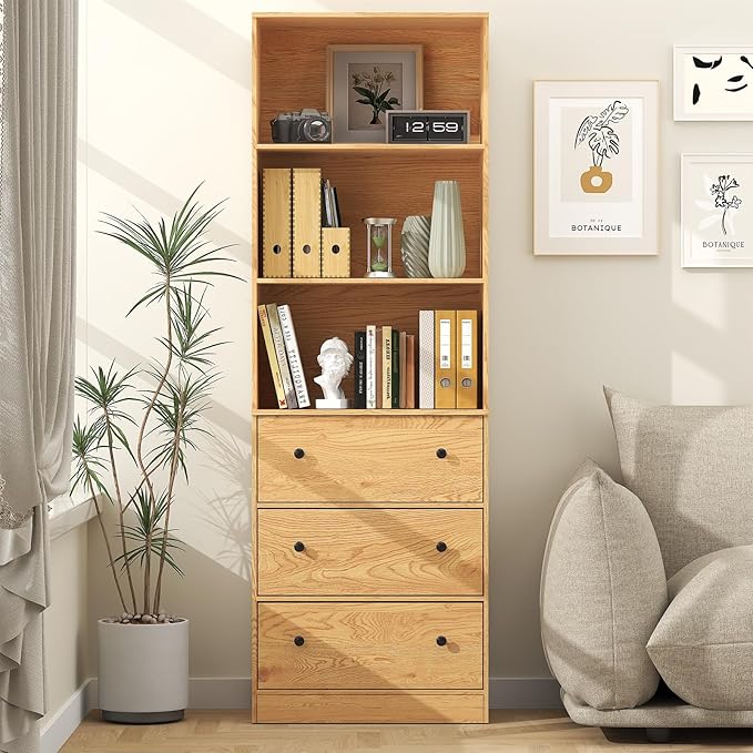 71" Tall Bookshelf with Storage, Bookcase with Drawers, Farmhouse Wooden Corner Book Shelves, Mid Century Modern Book Shelf Wall Standing Home Decor Furniture for Living Room, Bedroom, Office, Kitchen-CasaMuseHome