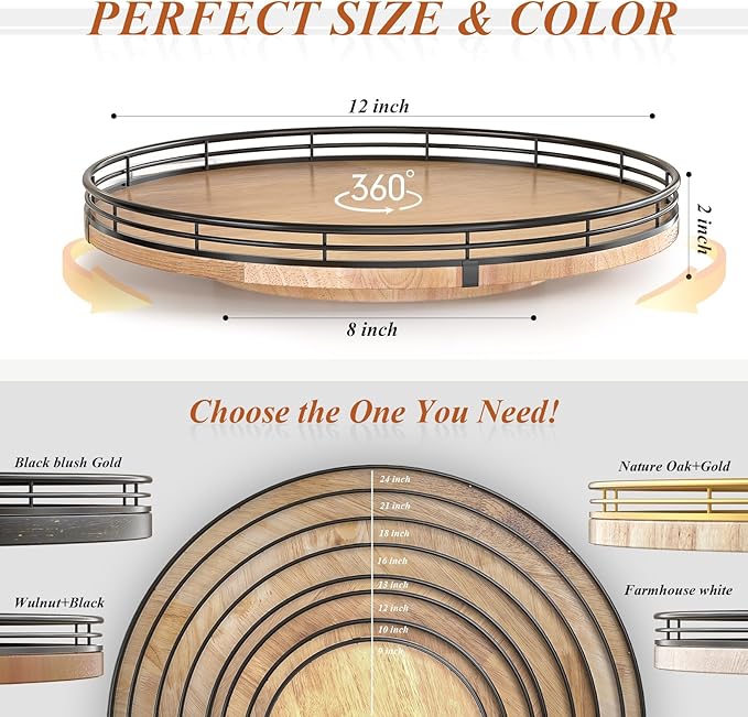 12" Lazy Susan Oak Wood Turntable Organizer for Cabinet, Farmhouse Round Wooden Lazy Susan Organization and Storage for Dining Table, Pantry, Kitchen, Bathroom, Countertop, Cupboard, Home Decor-CasaMuseHome