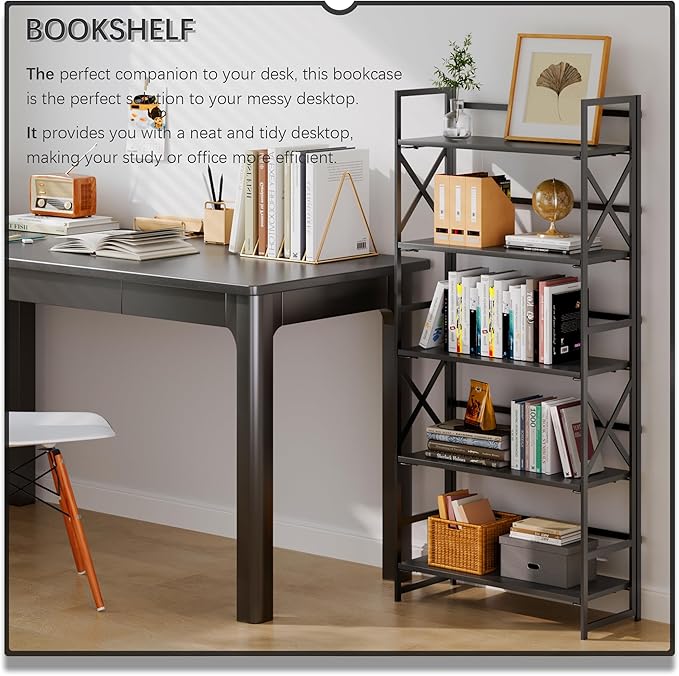 4NM 5 Tiers No Assembly Book Shelves, 51.2" H Folding Bookshelf Bookcase Open Industrial Foldable Shelves for Bedroom, Living Room, Home Office - All Black-CasaMuseHome