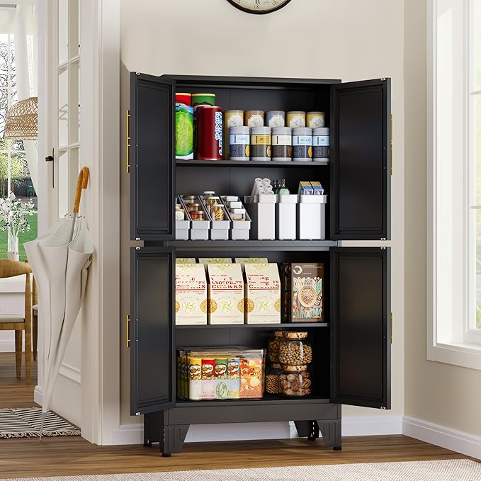 47.25" Metal Storage Cabinet, Black Kitchen Food Storage with 4 Door and 2 Adjustable Shelves, Freestanding Bathroom Cabinet, Pantry for Kitchen Dinning Room, Cupboard-CasaMuseHome