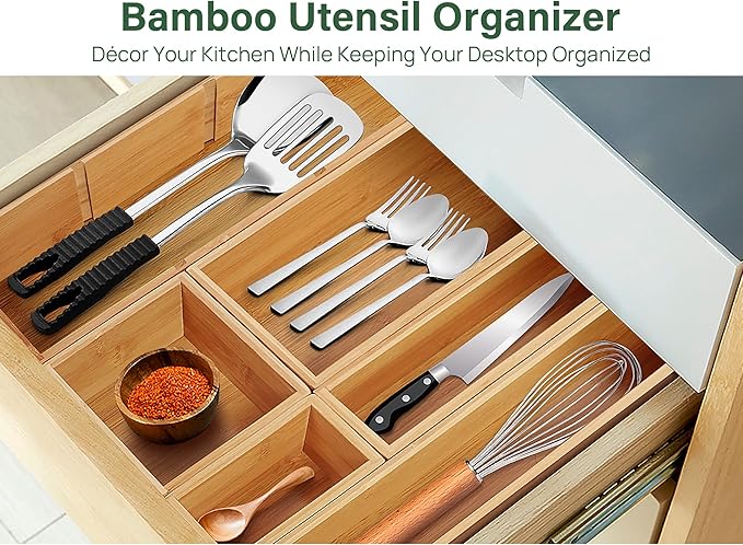 Kootek Bamboo Drawer Organizer with Removable Dividers, 6 Pcs Adjustable Kitchen Drawer Organizer Utensils Bamboo Organizers Silverware Storage Box Cutlery Tray Multi-Use for Bathroom, Makeup, Office-CasaMuseHome