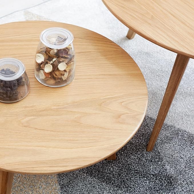 100% Solid Oak Wood Mini Coffee Table, Round Living Room Table Side Table w/Solid Wood Legs, Walnut Mid Century Sturdy Tables for Bedroom Balcony Living Room (23.62" D x 13.78" H)-CasaMuseHome