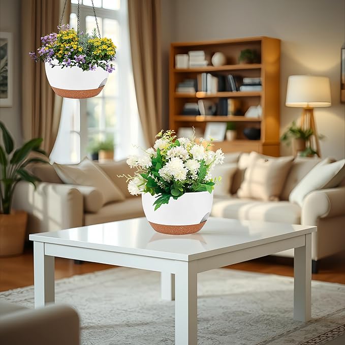 2 Pack 12 Inch Large Hanging Planters with Chains Self Watering White Brown Plastic Hanging Pots for Indoor Outdoor Plants, Garden Porch Home Decor，White Brown-CasaMuseHome