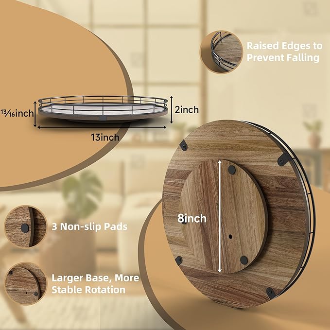 Acacia Wood 13" Lazy Susan Turntable Organizer for Table Top, Farmhouse Round Wooden Lazy Susan for Cabinet Kitchen Centerpieces Coffee Table, for Condiments Spices, Bathroom Vanity Tray Decor-CasaMuseHome