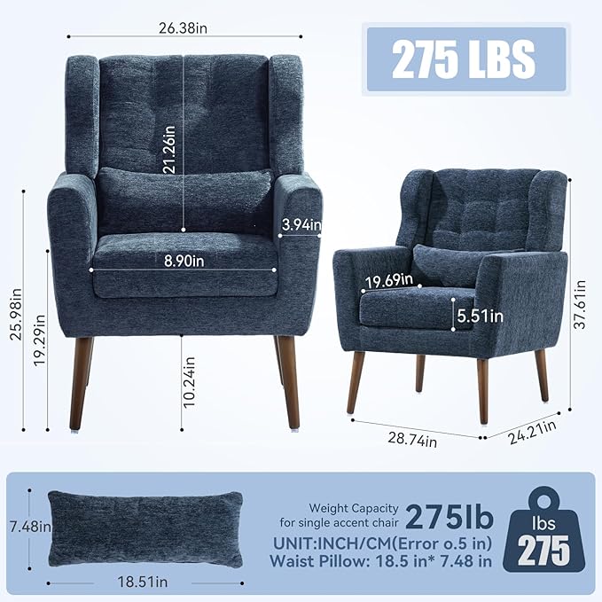 Accent Chair Set of 2, Upholstered Armchair with Pillow, Fabric Single Sofa Chair with Lounge Seat and Wood Legs Accent Chair for Living Room Small Spaces (Dark Blue, Set of 2)-CasaMuseHome