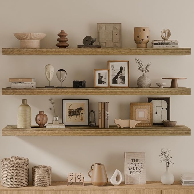 48 Inch Floating Shelves, 8 Inch Deep Floating Shelves for Wall, Hanging Shelf with Invisible Brackets, Wall Mounted Display Shelves for Bathroom, Bedroom, Living Room,3 Tier-CasaMuseHome