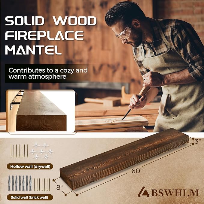 60x8x3 Fireplace Mantel - Solid Rustic Wood - Wall Mounted Floating Shelf with Invisible Heavy Duty Steel Bracket (Weathered Brown)-CasaMuseHome