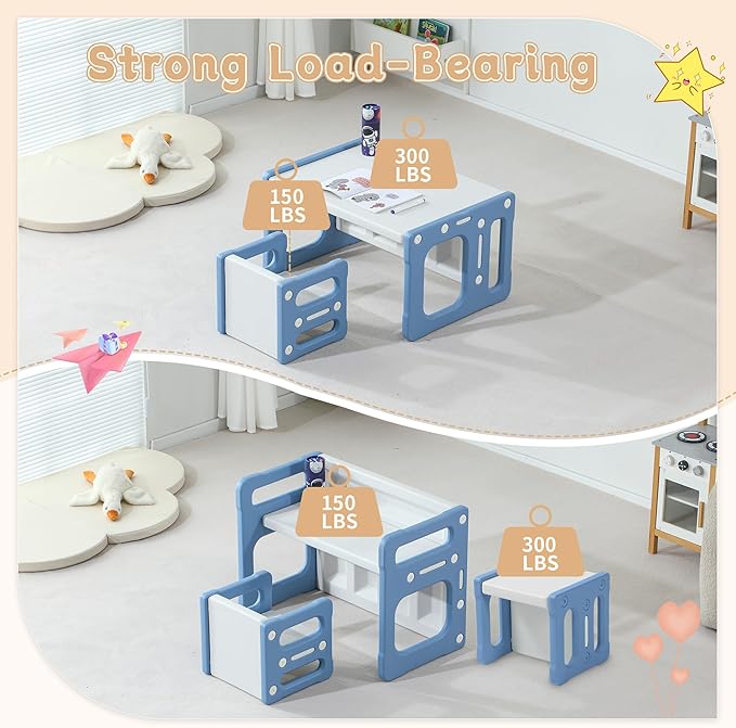 3 in 1 Montessori Weaning Table and 2 Chairs Set, Kids Activity Table Set, 2 Height Levels, Toddlers Activity Table for Drawing, Dining, Reading and Playing, Blue-CasaMuseHome