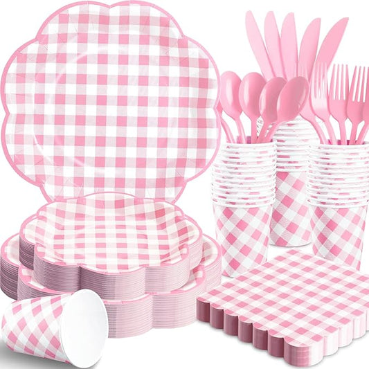 350 Pcs Pink Gingham Plates and Napkins Party Supplies - Pink and White Checkered Plates Sets Serve 50 Guests - Scalloped Gingham Paper Plate for Birthday Wedding Picnic Party Decorations-CasaMuseHome