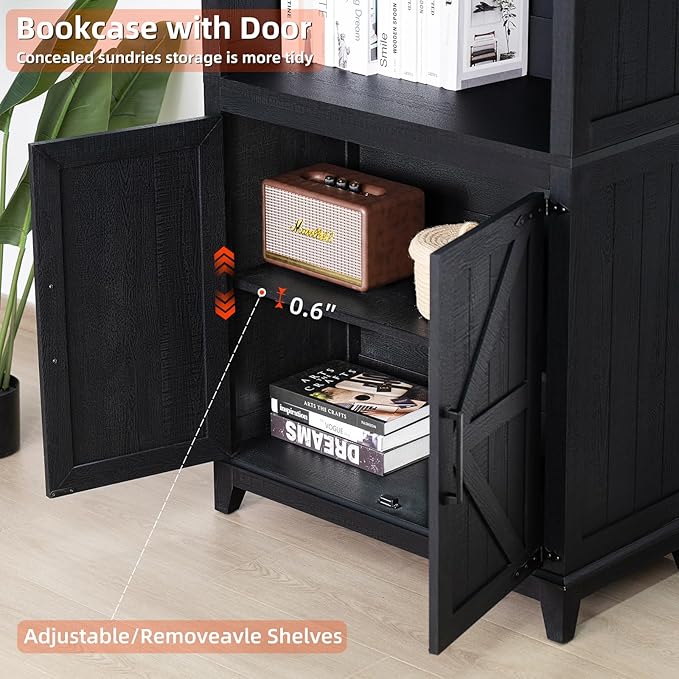 70in Tall Bookshelf 5 Tier Bookcase with Barn Doors and Adjustable Shelves, Black Farmhouse Book Shelf with Storage Cabinet, Wood Freestanding Display Bookshelves for Bedroom, Kitchen (2PCS)-CasaMuseHome