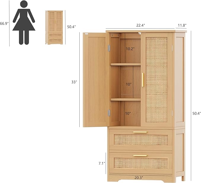 50.4" H Bathroom Storage Cabinet, Modern Floor Cabinet with Adjustable Shelf, Small Pantry with 2 Doors & Drawers, Storage Cabinet for Bathroom, Living Room, Kitchen, Natural KES007MCWG-CasaMuseHome