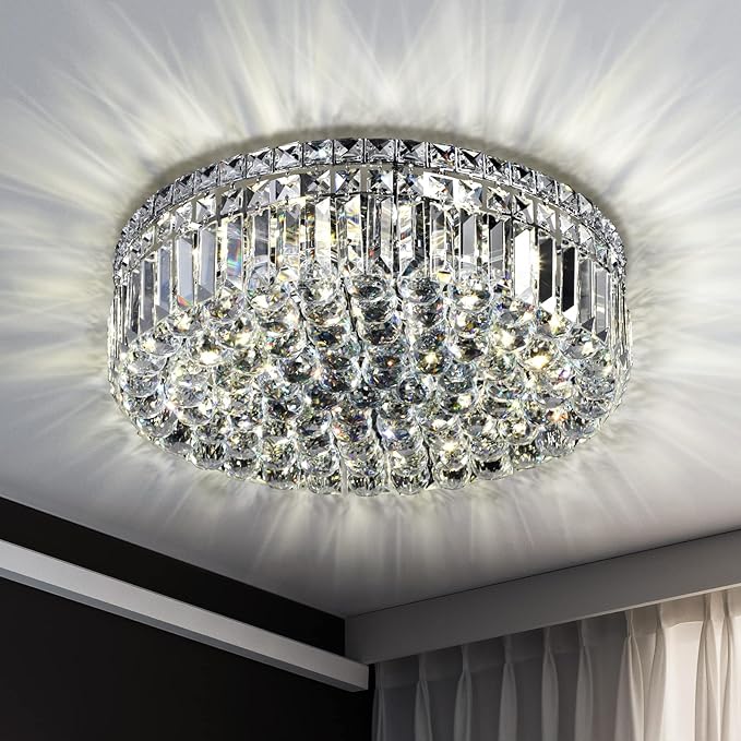 6-Lights Crystal Flush Mount Chandelier Light Fixture with K9 Crystals Modern Ceiling Lights Elegant Pendant Lamp for Bedroom,Hallway,Bar,Living Room,Dining Room,H5.9 xW20 (Bulbs Not Included)-CasaMuseHome