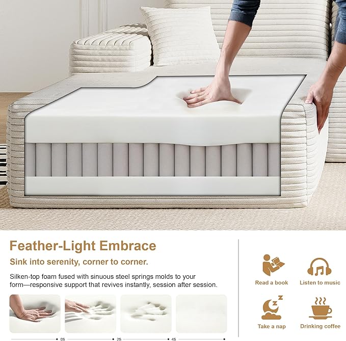 136" Sectional Couches for Living Room Modern Modular Sofa with L-Shape Couchs Upholstered Boneless Couch Deep Seat Sectional Couch with Chaise (White, Left Facing Chaise+3Seaters+Ottoman)-CasaMuseHome