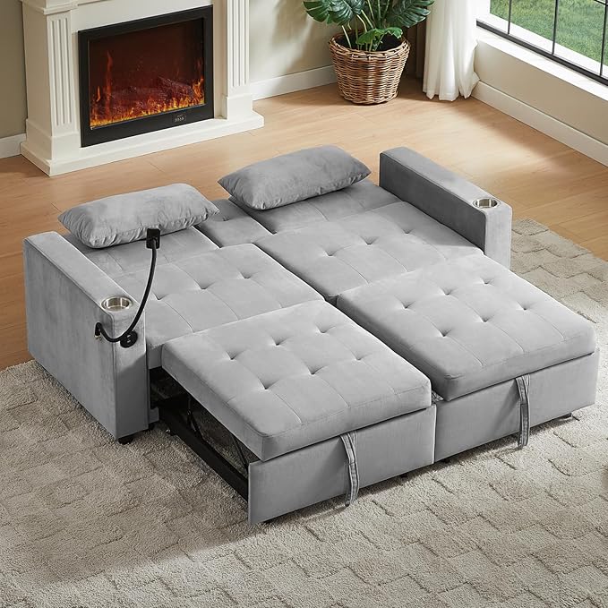 70" Queen Size Sofa Bed for Living Room – Pull-Out Sleeper Sofa Couch with Cup Holder, Phone Holder, USB Charging Port, Solid Wood Frame, Easy Assembly, Space-Saving Design for Small Apartments-CasaMuseHome