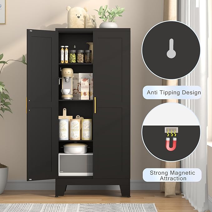 61.02" Kitchen Pantry Cabinet, Pantry Storage Cabinet with 2 Doors and Adjustable Shelves, Black Food Storage for Kitchen, Living Room, Bedroom and Dining Room (Black) Metal Sideboard-CasaMuseHome