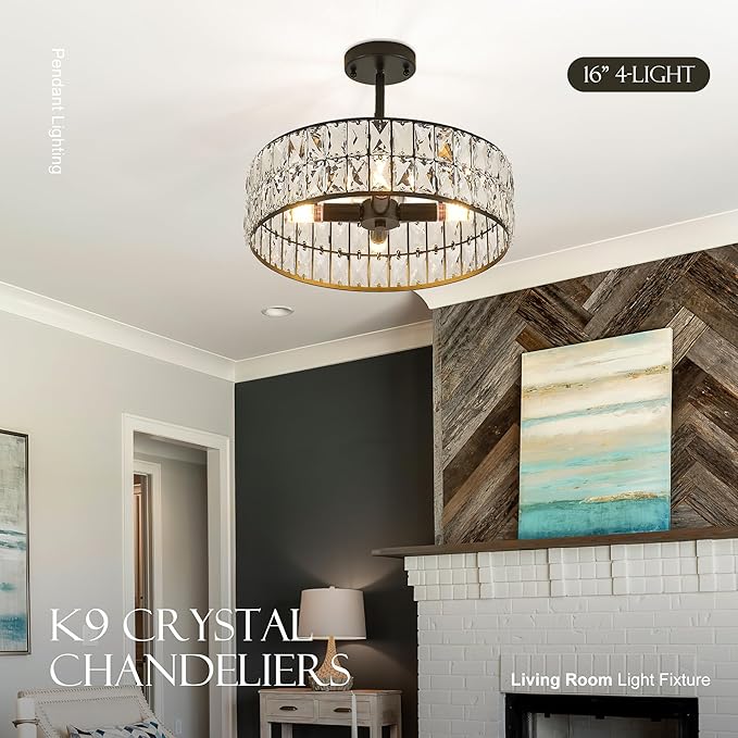 16” 4-Light Modern Crystal Chandeliers Black Dinning Room Light Fixture with Two Rods, Round Pendant Light Kitchen Island Chandelier, Flush Mount Ceiling Light for Living Room Entryway-CasaMuseHome