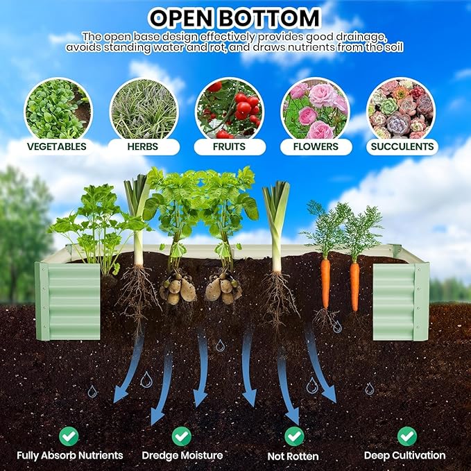 6x3x1ft Large Outdoor Planter Boxes Kit Set of 2, Galvanized Raised Bed Planter with Open-Ended Base Design, Elevated for Outdoor Plants, Durable Raised Bed for Gardening,Green-CasaMuseHome