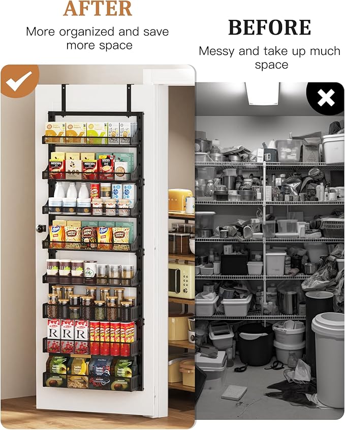 8-Tier Over the Door Pantry Organizer, Large Metal Door Spice Rack with Adjustable Basket, 2 in 1 Wall Mount or Hanging Heavy-Duty Pantry Door Storage Shelf for Kitchen and Bathroom, Black-CasaMuseHome