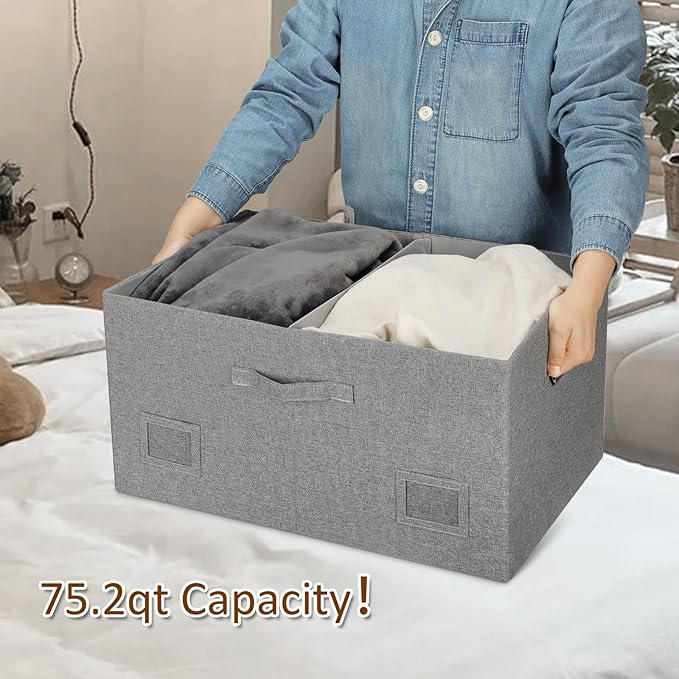 75 Quarts Extra Large Decorative Storage Bins with Lids, 1 Pack Gray Collapsible Storage Bins with Lids, Stackable Storage Bins Decorative Box Storage With Lid Extra Large-CasaMuseHome