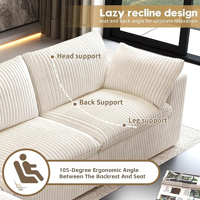 118" 3-Seater Cloud Sofa,Modular Sectional Couch,Modern Deep Seat Upholstered Couches with Plush Corduroy Fabric for Living Room Furniture,Bedroom and Apartment,No Assembly Required,White-CasaMuseHome