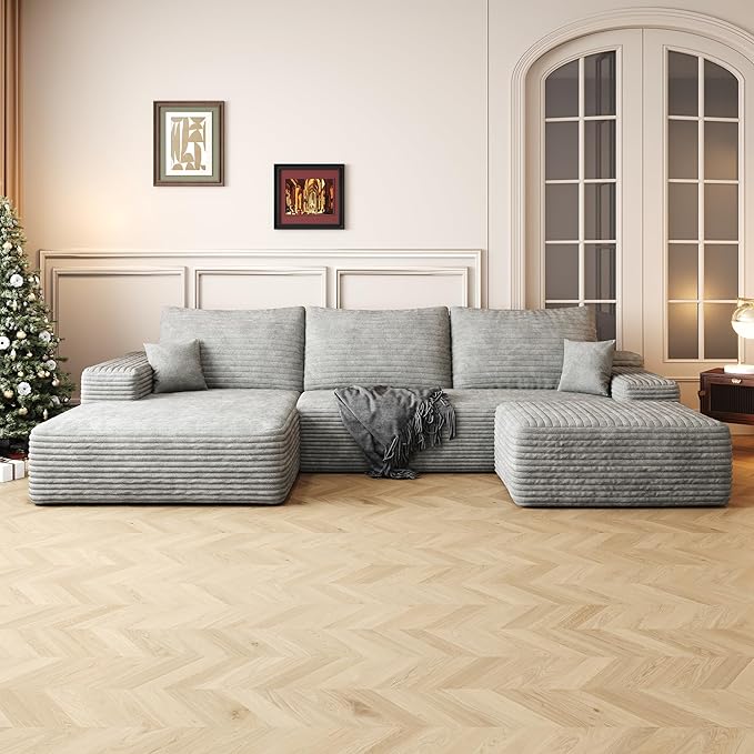 108" Sectional Couches for Living Room Modern Modular Sofa with L-Shape Couchs Upholstered Boneless Couch Deep Seat Sectional Couch with Chaise (Grey, Left Facing Chaise+2Seaters+1Ottoman)-CasaMuseHome