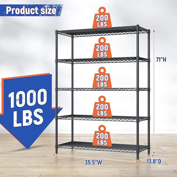 5 Tier Storage Shelves 71"H Wire Shelving Adjustable Metal Shelving,1000LBS Pantry Shelves Sturdy Steel Wire Shelf for Kitchen Commercial Pantry Garage Warehouse ,71"H X35.5"W X13.8"D, Black-CasaMuseHome