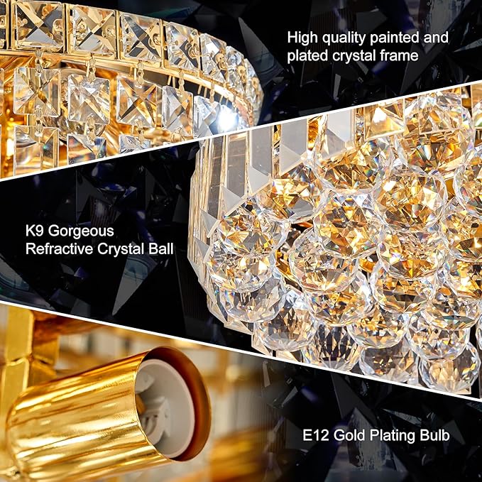 4-Light Gold Crystal Chandeliers Flush Mount Chandelier Light Fixture with K9 Crystals Modern Ceiling Lights Elegant Round Lamp for Bedroom,Hallway,Bar,Living Room,Dining Room,H5.9 xW13.7-CasaMuseHome