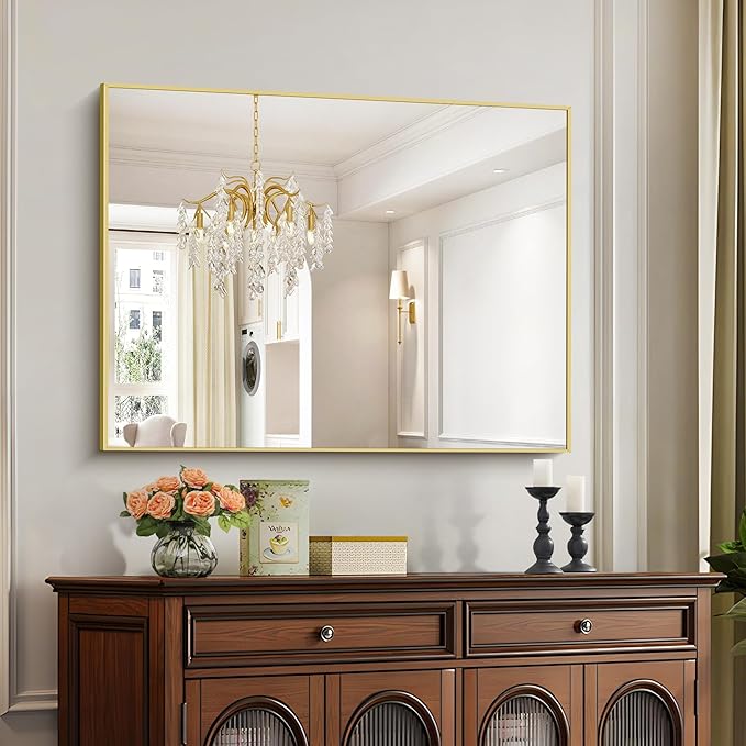 30x40In Gold Bathroom Mirror for Wall, Brushed Gold Rectangle Mirrors with Metal Frame, Bathroom Rectangular Mirror Modern Wall Mirror for Bedroom Living Room, Hangs Horizontal or Vertical-CasaMuseHome