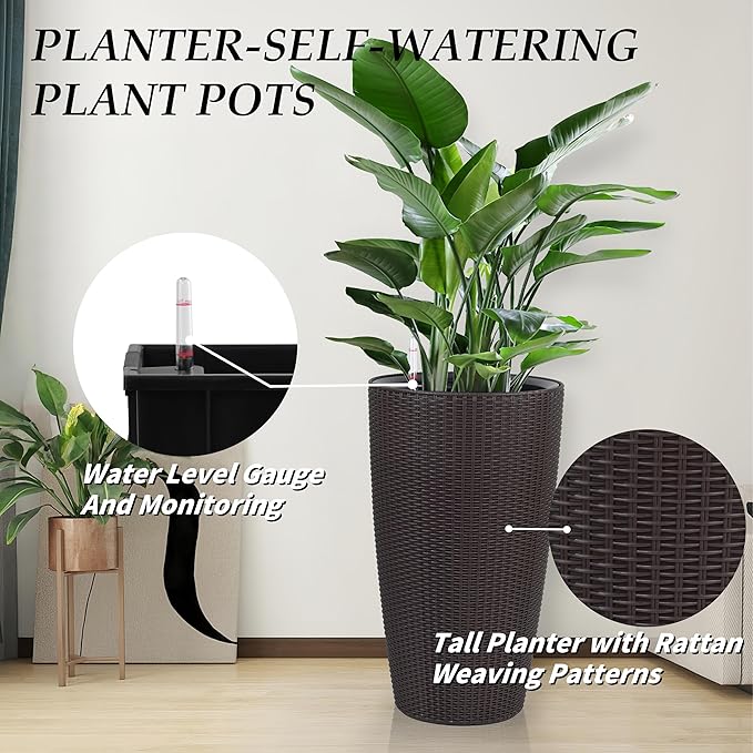2Pack 22" High Modern Plant Pots Planter-Self-Watering Indoor/Outdoor Planting with Drain Holes, Water Level Monitor, Inner Bucket for Front Porch Patio, Brown Rattan Conical-CasaMuseHome