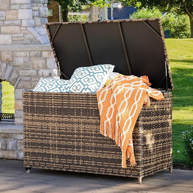 178 Gallon Outdoor Storage Box, Handle Large Portable Wicker Rattan Deck Box for Patio Furniture Cushions, Patio Deck Box with 2 WheelsThrow Pillows, Garden Tools and Pool Floats (Brown)-CasaMuseHome