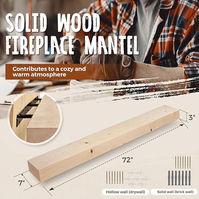 72x7x3 Fireplace Mantel - Solid Rustic Wood Wall Mounted Floating Shelf - DIY Color - with Invisible Heavy Duty Steel Bracket-CasaMuseHome