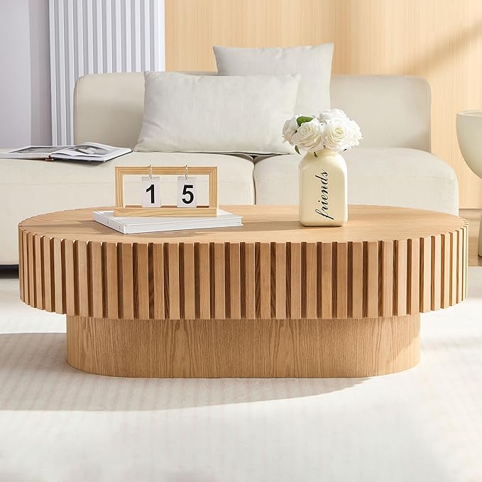 43.7" Oval Coffee Table for Living Room,Modern Handcraft Drum Coffee TableSmall Wooden Coffee Table with Sturdy Pedestal Easy Assembly for Office-Natural-CasaMuseHome