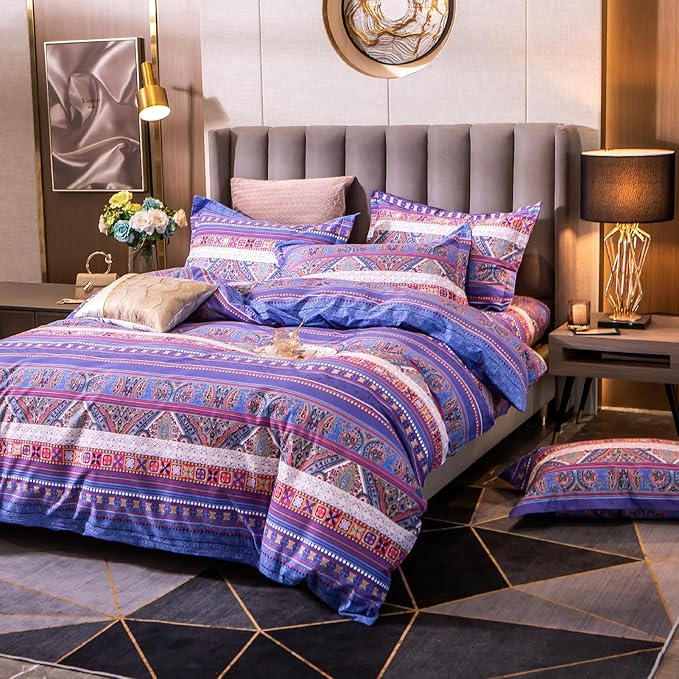 ABREEZE Bohemian Vintage Cal.King Size Floral Cotton Bedding Set 3Pcs Duvet Cover Set Boho Purple Paisley 100% Egyptian Brushed Cotton Reversible Home Bedding Collection-CasaMuseHome
