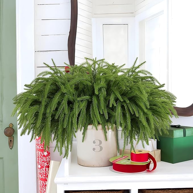 12 Pcs Artificial Norfolk Pine Branches, Norfolk Pine Artificial Pine Stems DIY Crafts Faux Christmas Greenary Norfolk Pine Branches for Xmas Wreath Garland Home Decor (12)-CasaMuseHome