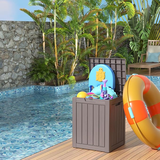 28 Gallon Resin Deck Box, Lockable Patio Outdoor Storage Box for Furniture, Garden Tools and Tools Storage, Waterproof Outside Storage Boxes - Grey-CasaMuseHome