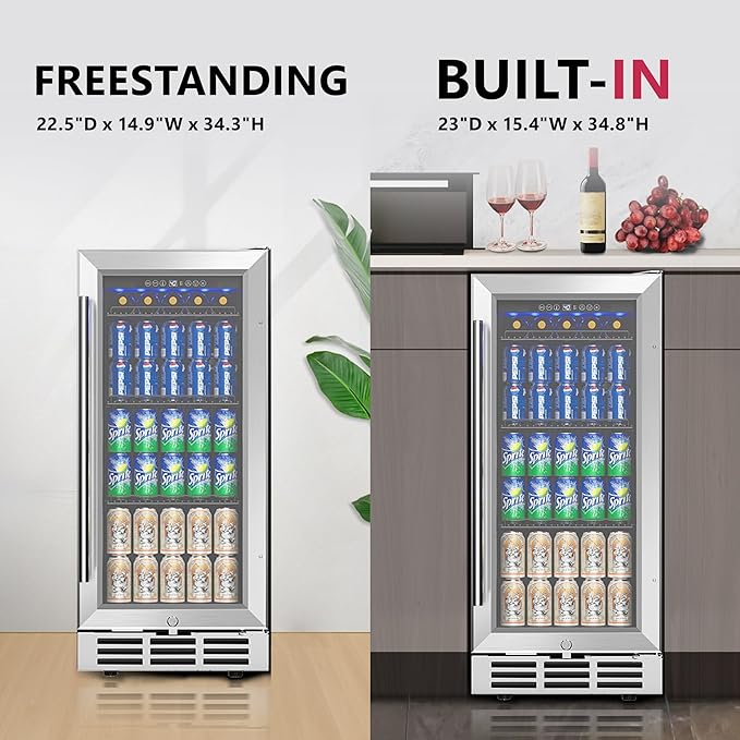 15'' Beverage Refrigerator Cooler - 126 Cans Under Counter Beverage Fridge with LED Light, Built-in Design, Wine Cooler for Home/Kitchen-CasaMuseHome