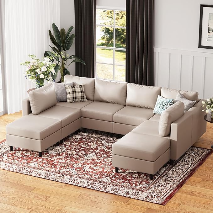 118.5" Faux Leather Modular Sectional Sofa, Modern Large 8 Seater U Shaped Couch with Storage Seat with Reversible Chaise Deep Seat for Living Room DIY Combination - Whitesand-CasaMuseHome