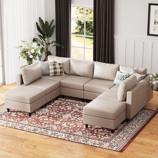 118.5" Faux Leather Modular Sectional Sofa, Modern Large 8 Seater U Shaped Couch with Storage Seat with Reversible Chaise Deep Seat for Living Room DIY Combination - Whitesand-CasaMuseHome