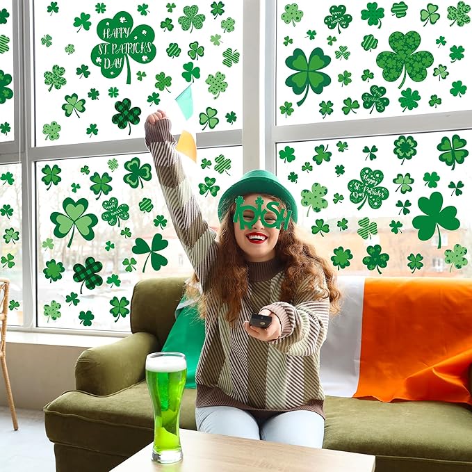 9 Sheets St Patricks Day Window Clings, 115 PCS St Patrick's Day Shamrock Window Stickers for St Patricks Day Decorations, Green Static Spring Window Clings for Glass Windows St Patricks Day Decor-CasaMuseHome