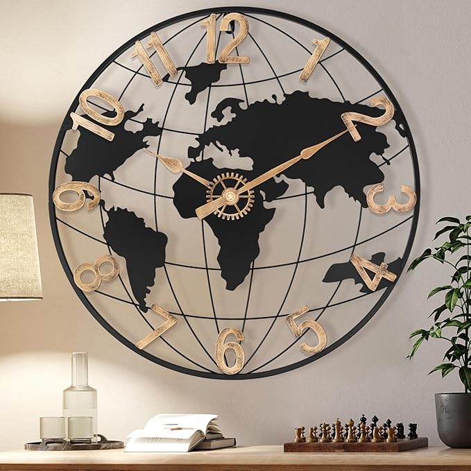 24 Inch Large Wall Clock for Living Room Decor,Big Modern Decorative Silent Metal World Map Wall Clock with Vintage Gold Arabic Numeral for Office,Living Room,Kitchen,Dining Room-CasaMuseHome