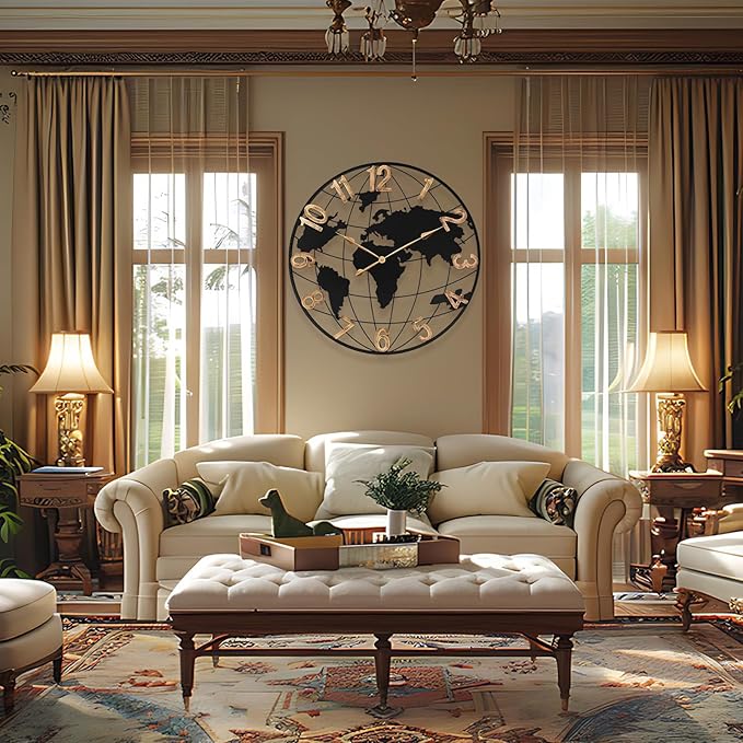 36 Inch Extra Giant Oversized Black Metal Wall Clock,Large Modern Decorative Silent World Map Wall Clock with Vintage Gold Arabic Numeral for Living Room,Entrance Fireplace,Dining Room Decor-CasaMuseHome