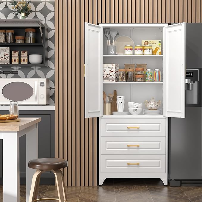 75" Kitchen Pantry Cabinet with 3 Drawer,Metal Storage Cabinets with Doors and 4 Adjustable Shelves,White Kitchen Cabinet with 2 Gold Handles,Food Cupboard for Livingroom,Pantry, Bathroom-CasaMuseHome