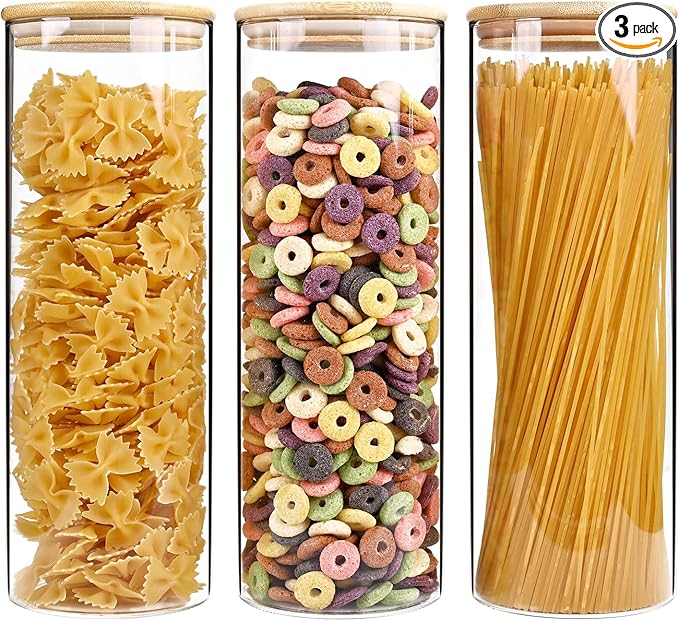 73oz Glass Pasta Storage Jars, Tall Glass Jars with Bamboo Lids, Spaghetti Container, Set of 3, Kitchen Storage Containers for Pasta, Pantry Organizers-CasaMuseHome