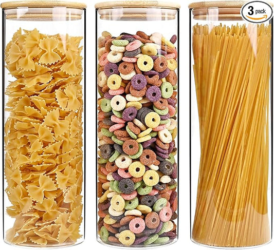 73oz Glass Pasta Storage Jars, Tall Glass Jars with Bamboo Lids, Spaghetti Container, Set of 3, Kitchen Storage Containers for Pasta, Pantry Organizers-CasaMuseHome