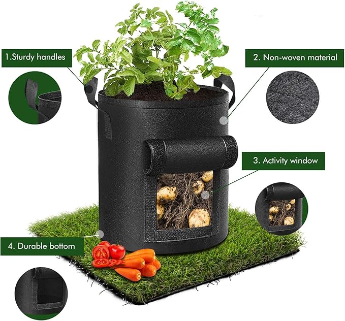 5-Pack 10 Gallon Potato Grow Bags, Garden Planting Bag with Reinforced Handle, Thickened Nonwoven Fabric Pots for Tomato, Vegetable and Fruits-CasaMuseHome