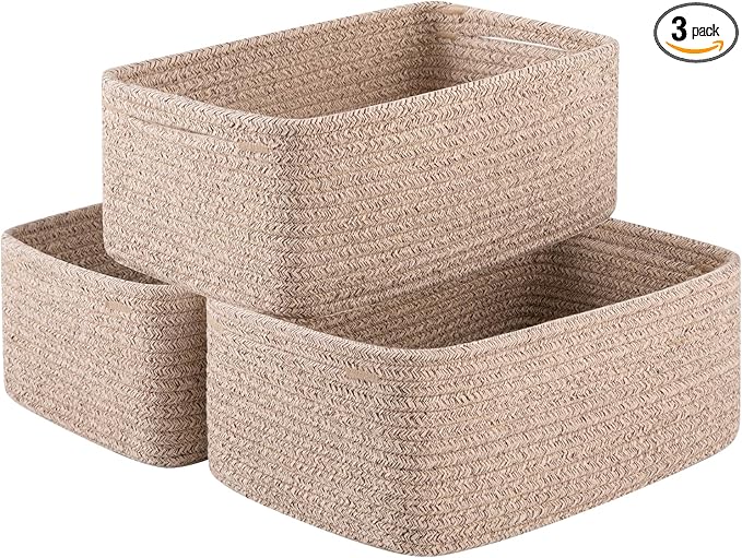 3 Pack Small Storage Baskets for Organizing, Cute Woven Decorative Gift Baskets for Shelves, Mini Closet Organizer Bins with Handles, 11.81''Lx7.87''Wx4.72''H-Brown-CasaMuseHome