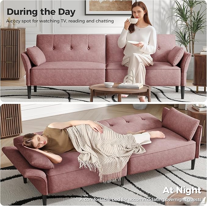 89” Futon Sofa Bed, Velvet Fabric Futon Couch Bed with 2 Square Pillows, Convertible Sleeper Sofa with Adjustable Backrest& Armrests, Modern Loveseat Sleeper for Living Room, Bedroom, Pink-CasaMuseHome