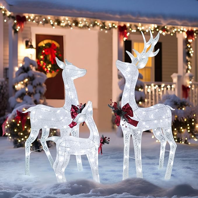 4.5FT Lighted Reindeer Family Set for Christmas Decoration, 3 Pieces Pre-Lit Iridescent Deer Xmas Decor with 200 LED Lights, 3D Glittered Standing Holiday Display for Outdoor, Indoor, White-CasaMuseHome