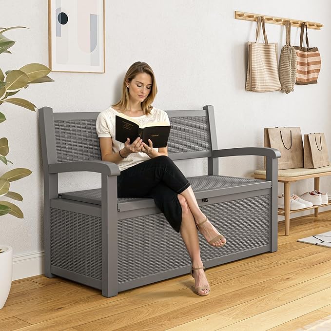 70 Gallon Outdoor Storage Box, Resin Patio Furniture with Armrest, Lockable Deck Box with Waterproof and UV Resistant for Patio Cushions, Garden Tools and Pool Supplies, Grey-CasaMuseHome